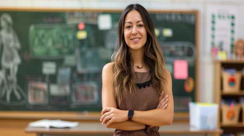 A Woman Is Standing In Front Of A Chalkboard With A Smile On Her Face